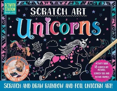 libro per graffi e album da colorare Activity Book per casa e in viaggio con stencil e adesivi con motivo unicorno Unicorn Scratch Book